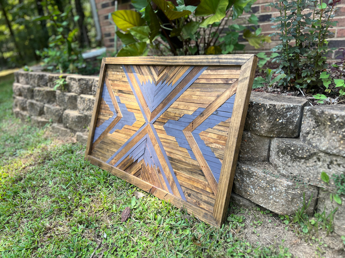 Rustic Geometric Wood Wall Art – Handmade Reclaimed Wood Mosaic with Bold Arrow Design