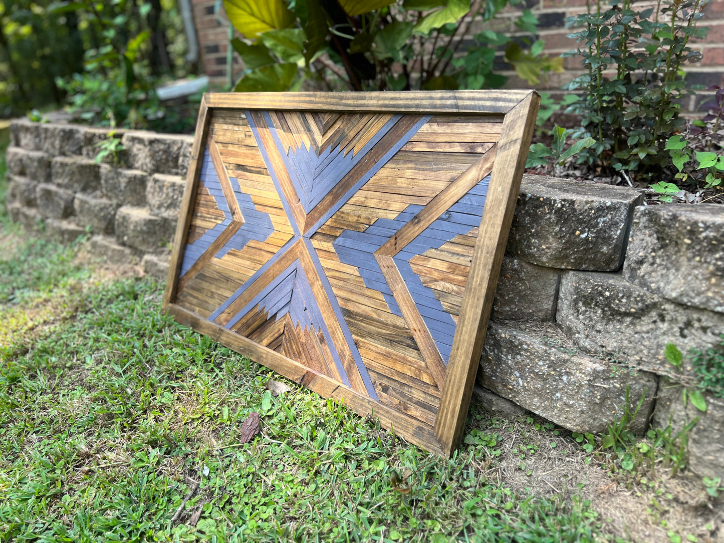 Rustic Geometric Wood Wall Art – Handmade Reclaimed Wood Mosaic with Bold Arrow Design