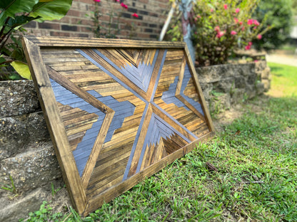 Rustic Geometric Wood Wall Art – Handmade Reclaimed Wood Mosaic with Bold Arrow Design