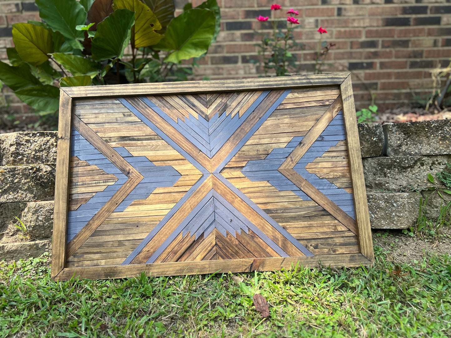 Rustic Geometric Wood Wall Art – Handmade Reclaimed Wood Mosaic with Bold Arrow Design
