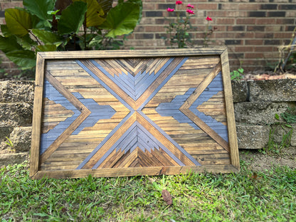 Rustic Geometric Wood Wall Art – Handmade Reclaimed Wood Mosaic with Bold Arrow Design