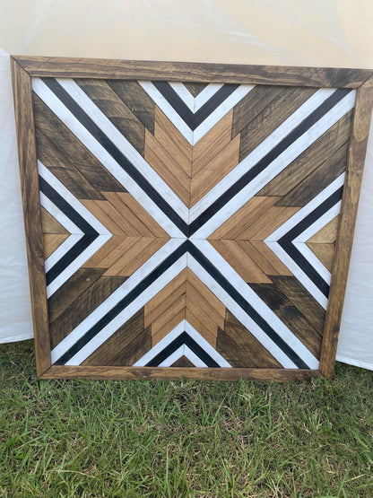 Modern Monochrome Geometric Wood Wall Art – Reclaimed Chevron Mosaic