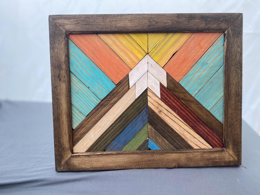 Colorful Mountain Wall Art – Vibrant Reclaimed Wood Mosaic | Handmade Boho Wall Hanging | Rustic Rainbow Geometric Decor
