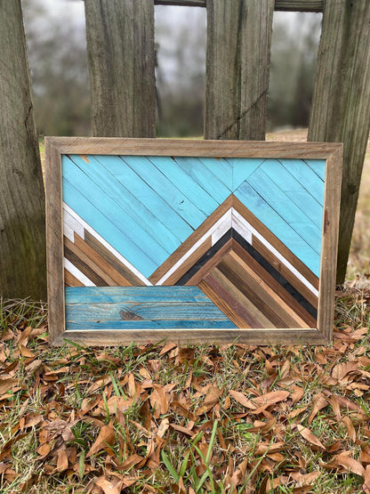 Rustic Mountain Wood Wall Art – Geometric Wood Art | Boho Landscape Wall Decor | Handmade Blue Wooden Art | Farmhouse Cabin Wall Hanging