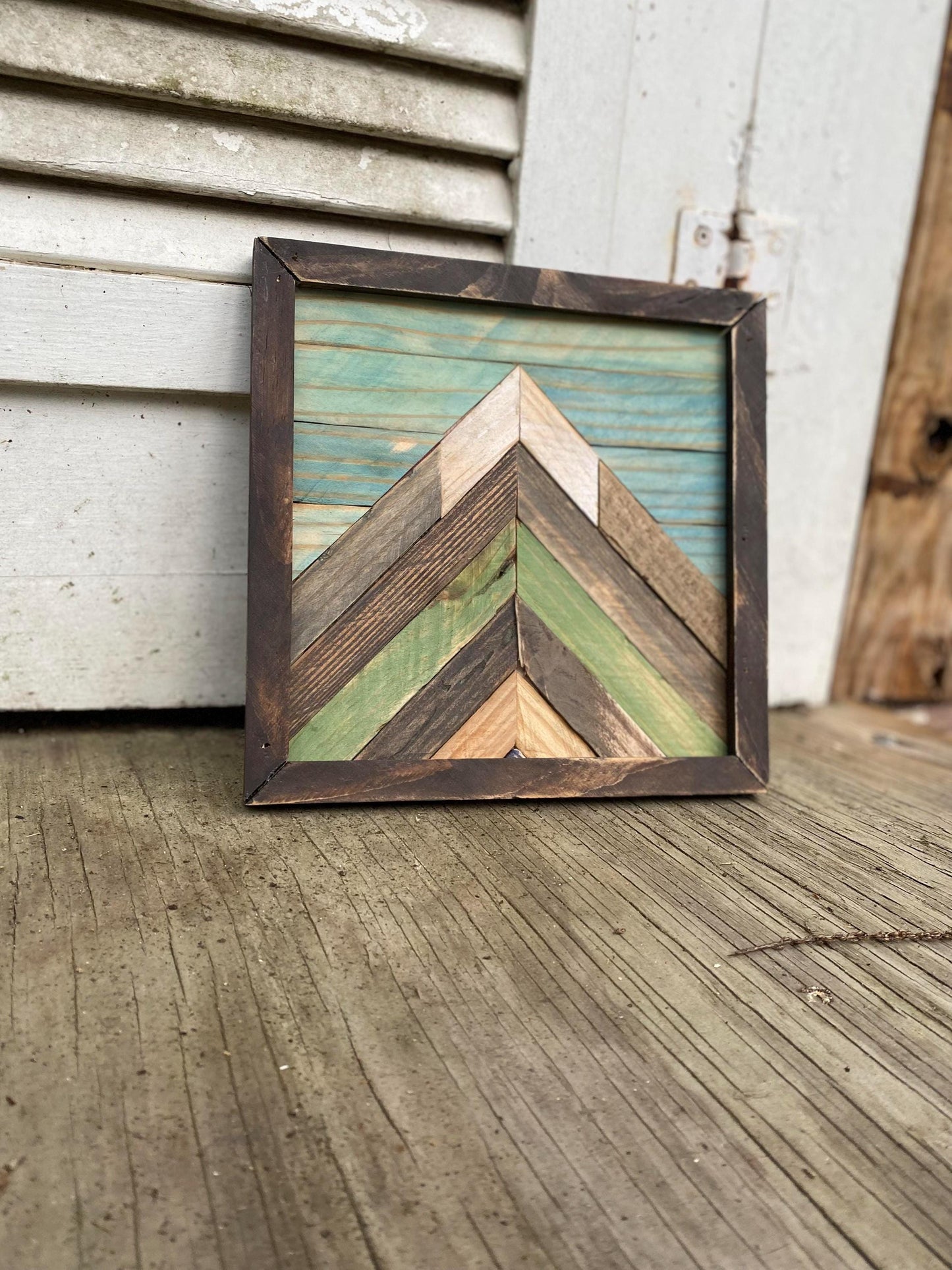Reclaimed Wood Mountain Wall Art – Green & Turquoise Chevron Mosaic | Square Rustic Modern Decor | Nature-Inspired Wall Hanging
