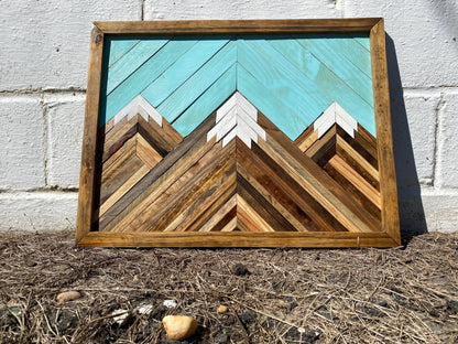 Geometric Wood Mountain Wall Art | Handmade Reclaimed Wood Mosaic | Boho Rustic Landscape Decor | Blue Sky Nature Art for Living Room