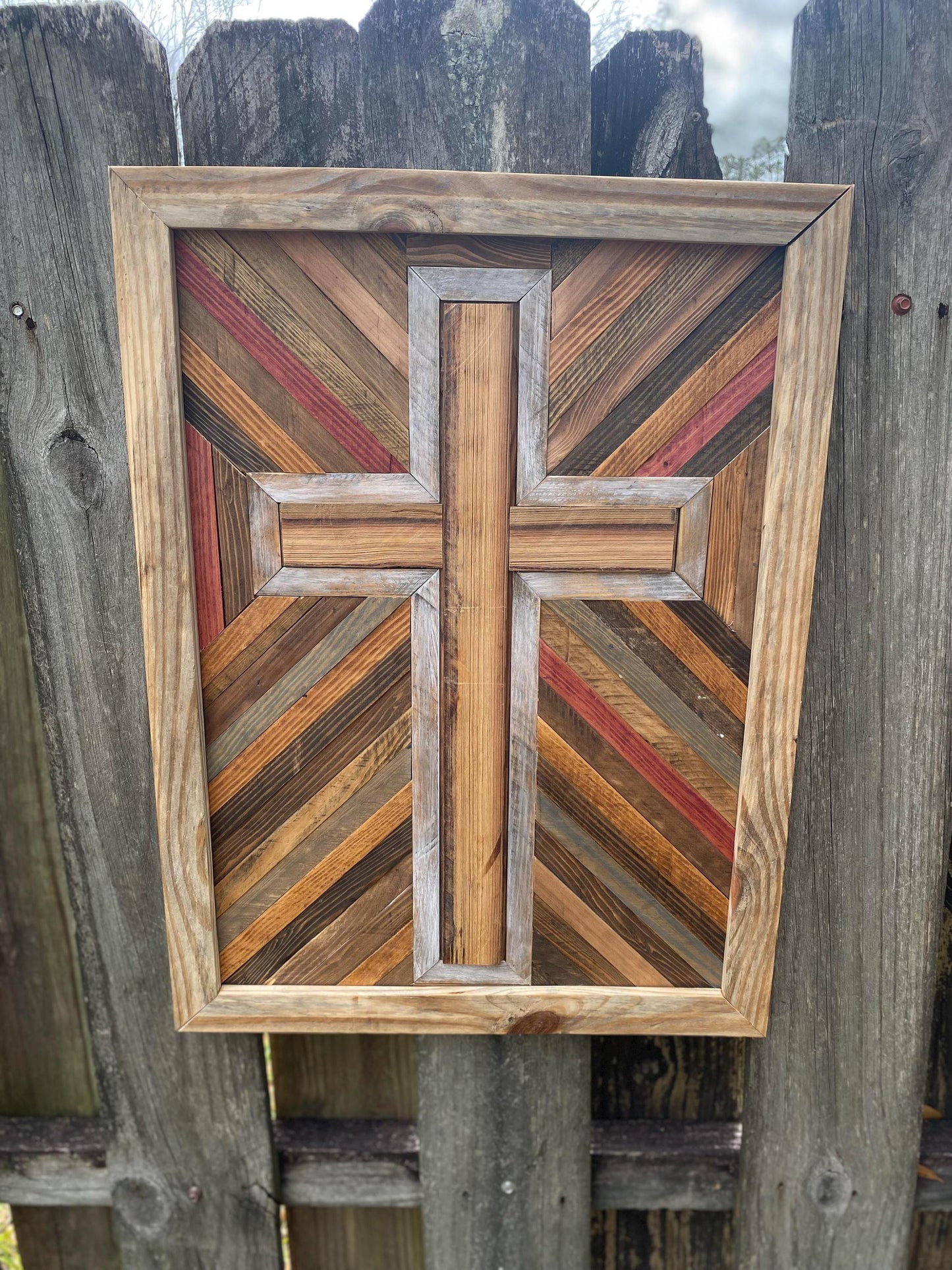 Rustic Reclaimed Wood Cross Wall Art – Handmade Geometric Mosaic