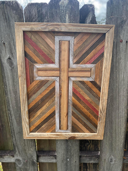 Rustic Reclaimed Wood Cross Wall Art – Handmade Geometric Mosaic