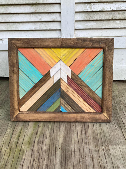Colorful Mountain Wall Art – Vibrant Reclaimed Wood Mosaic | Handmade Boho Wall Hanging | Rustic Rainbow Geometric Decor