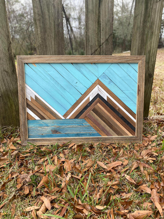 Rustic Mountain Wood Wall Art – Geometric Wood Art | Boho Landscape Wall Decor | Handmade Blue Wooden Art | Farmhouse Cabin Wall Hanging