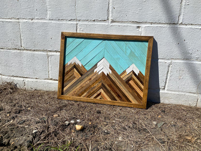 Geometric Wood Mountain Wall Art | Handmade Reclaimed Wood Mosaic | Boho Rustic Landscape Decor | Blue Sky Nature Art for Living Room