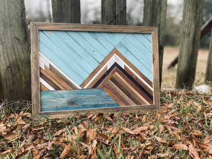 Rustic Mountain Wood Wall Art – Geometric Wood Art | Boho Landscape Wall Decor | Handmade Blue Wooden Art | Farmhouse Cabin Wall Hanging