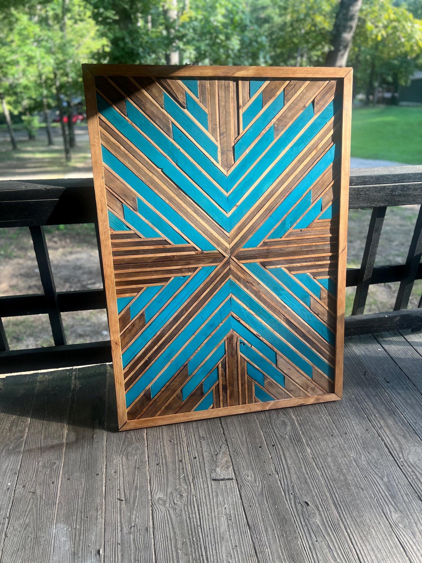 Vibrant Teal Geometric Wood Wall Art – Reclaimed Mosaic