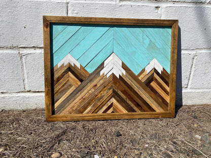 Geometric Wood Mountain Wall Art | Handmade Reclaimed Wood Mosaic | Boho Rustic Landscape Decor | Blue Sky Nature Art for Living Room