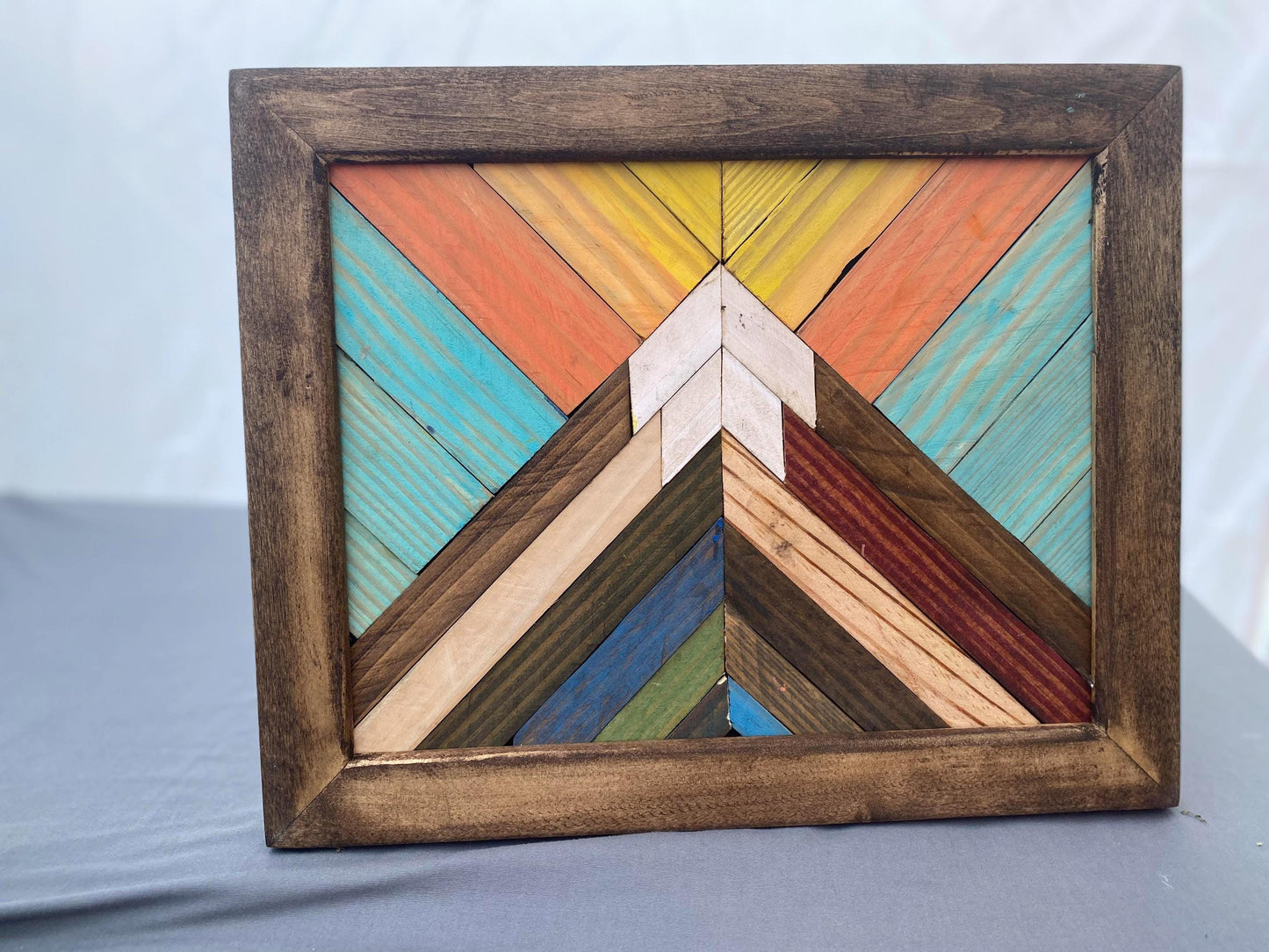 Colorful Mountain Wall Art – Vibrant Reclaimed Wood Mosaic | Handmade Boho Wall Hanging | Rustic Rainbow Geometric Decor