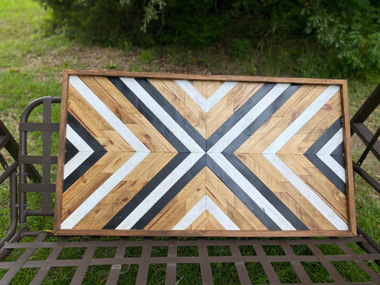 tBold Chevron Geometric Wood Wall Art – Reclaimed Black & White Mosaic