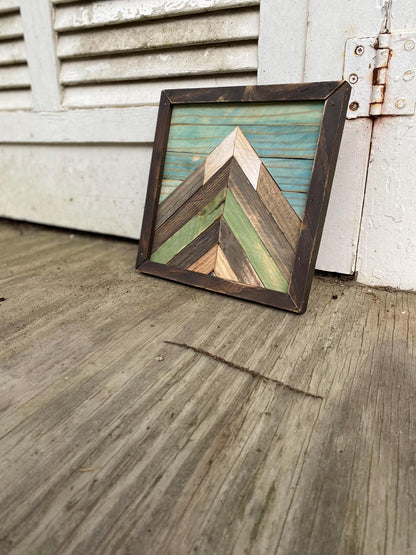 Reclaimed Wood Mountain Wall Art – Green & Turquoise Chevron Mosaic | Square Rustic Modern Decor | Nature-Inspired Wall Hanging