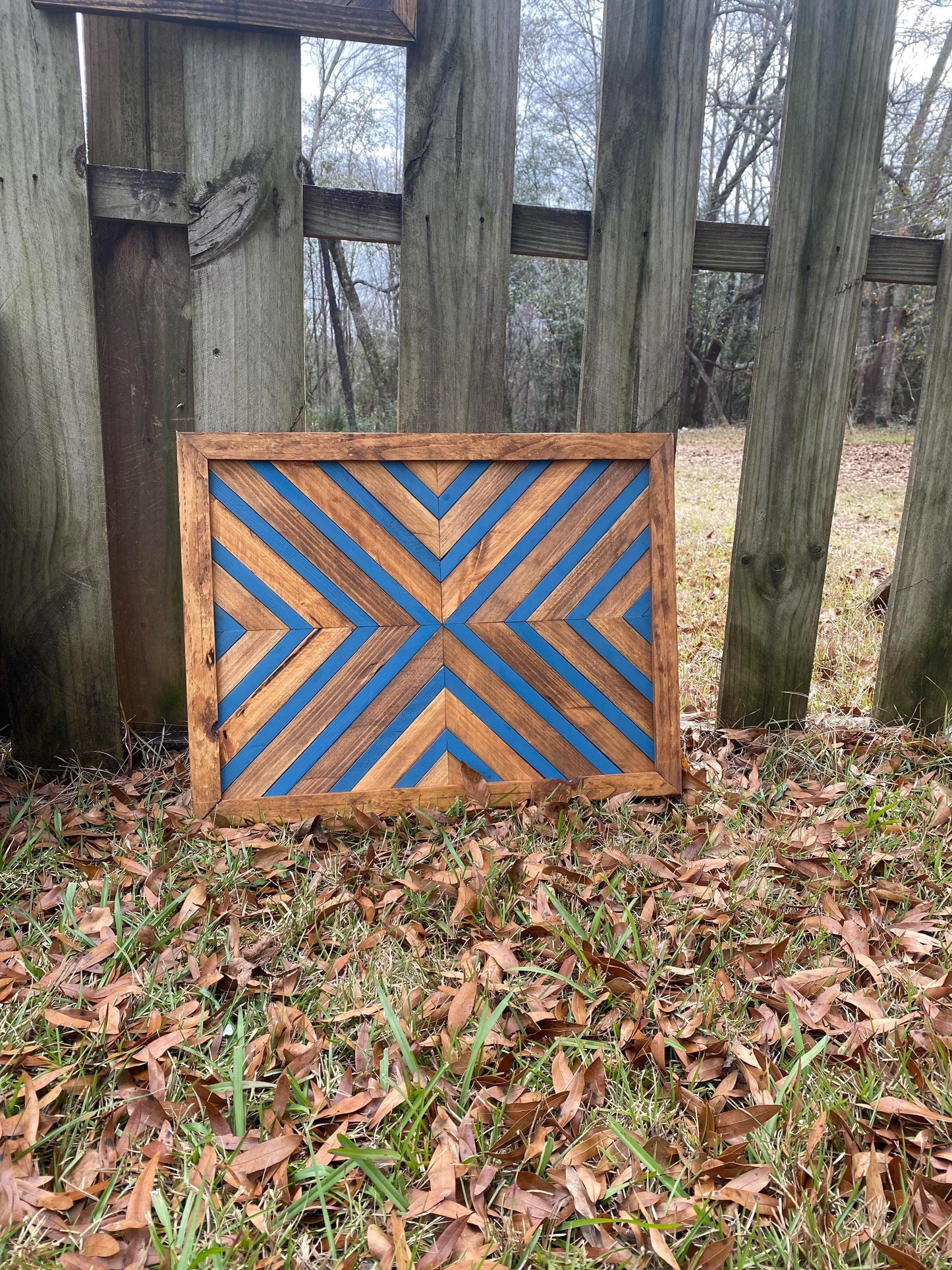 Bold Blue Geometric Wood Wall Art – Reclaimed Chevron Mosaic
