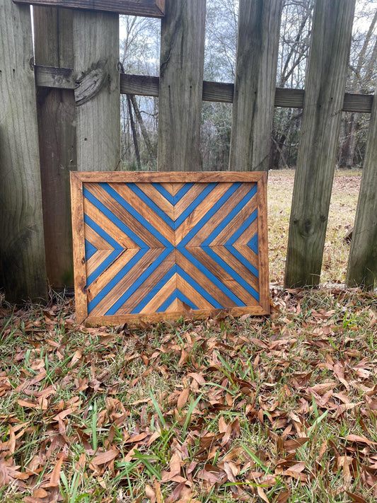 Bold Blue Geometric Wood Wall Art – Reclaimed Chevron Mosaic