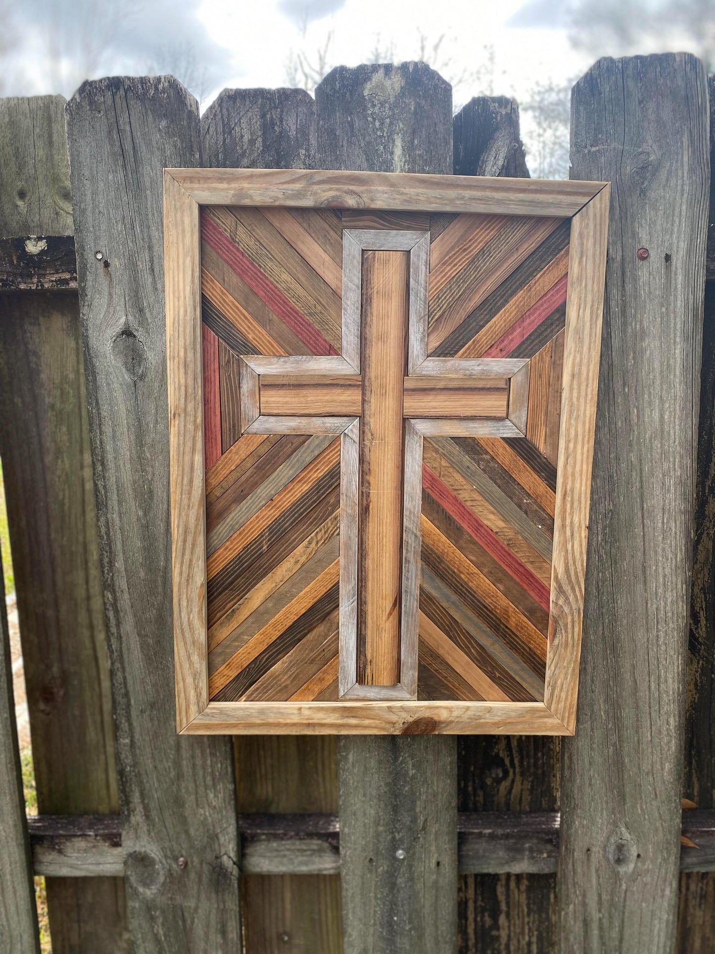 Rustic Reclaimed Wood Cross Wall Art – Handmade Geometric Mosaic