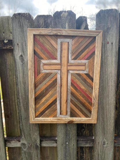 Rustic Reclaimed Wood Cross Wall Art – Handmade Geometric Mosaic