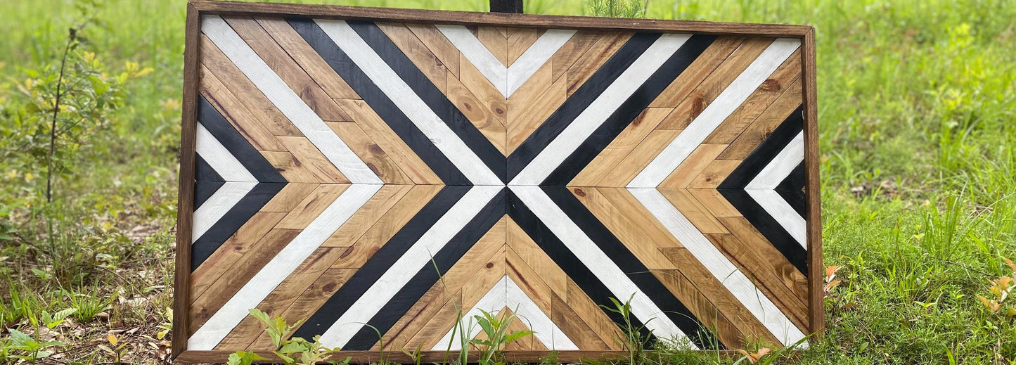 tBold Chevron Geometric Wood Wall Art – Reclaimed Black & White Mosaic