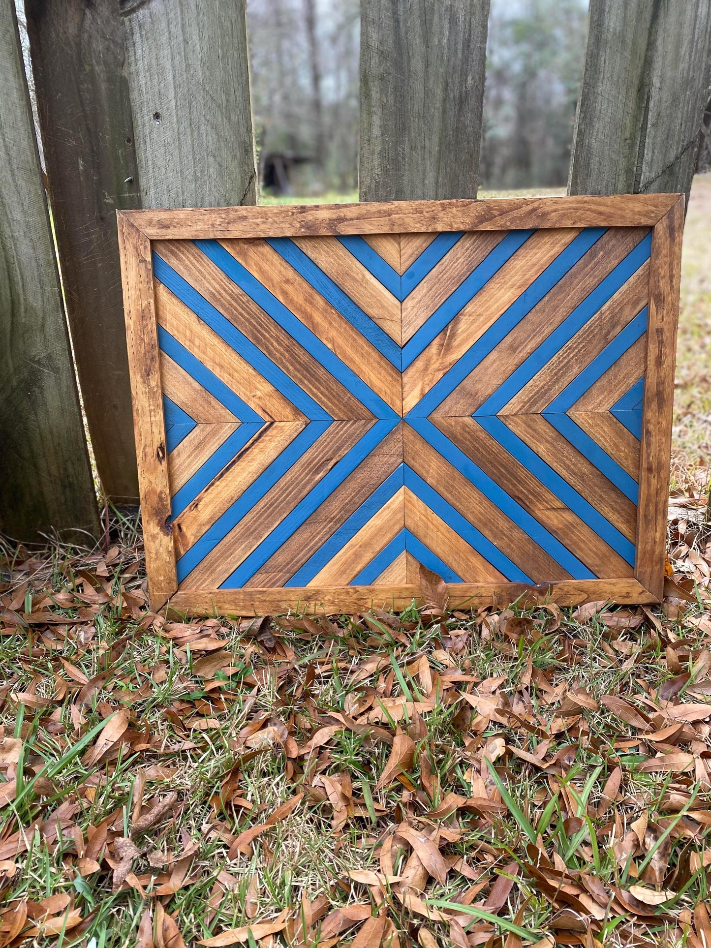 Bold Blue Geometric Wood Wall Art – Reclaimed Chevron Mosaic